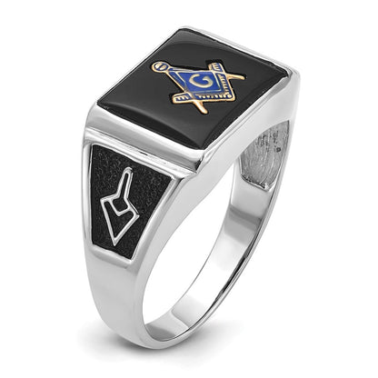 IB Goodman 10k White Gold Mens Polished and Textured with Black Enamel and Onyx Rectangle Masonic Ring