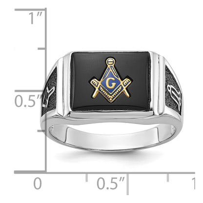 IB Goodman 10k White Gold Mens Polished and Textured with Black Enamel and Onyx Rectangle Masonic Ring