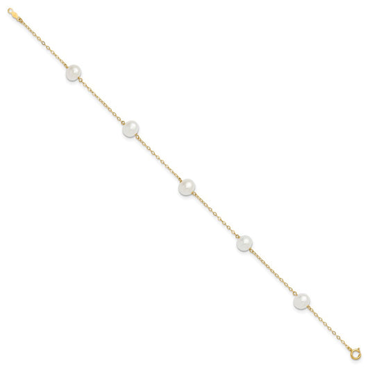 10k 7-8mm White Near-Round Freshwater Cultured Pearl 5-Station 9 inch Anklet