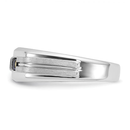 IBGoodman 14k White Gold Men's Polished Satin and Grooved Square 1/6 Carat AA Quality Diamond and Lab Created Sapphire 3-Stone Ring