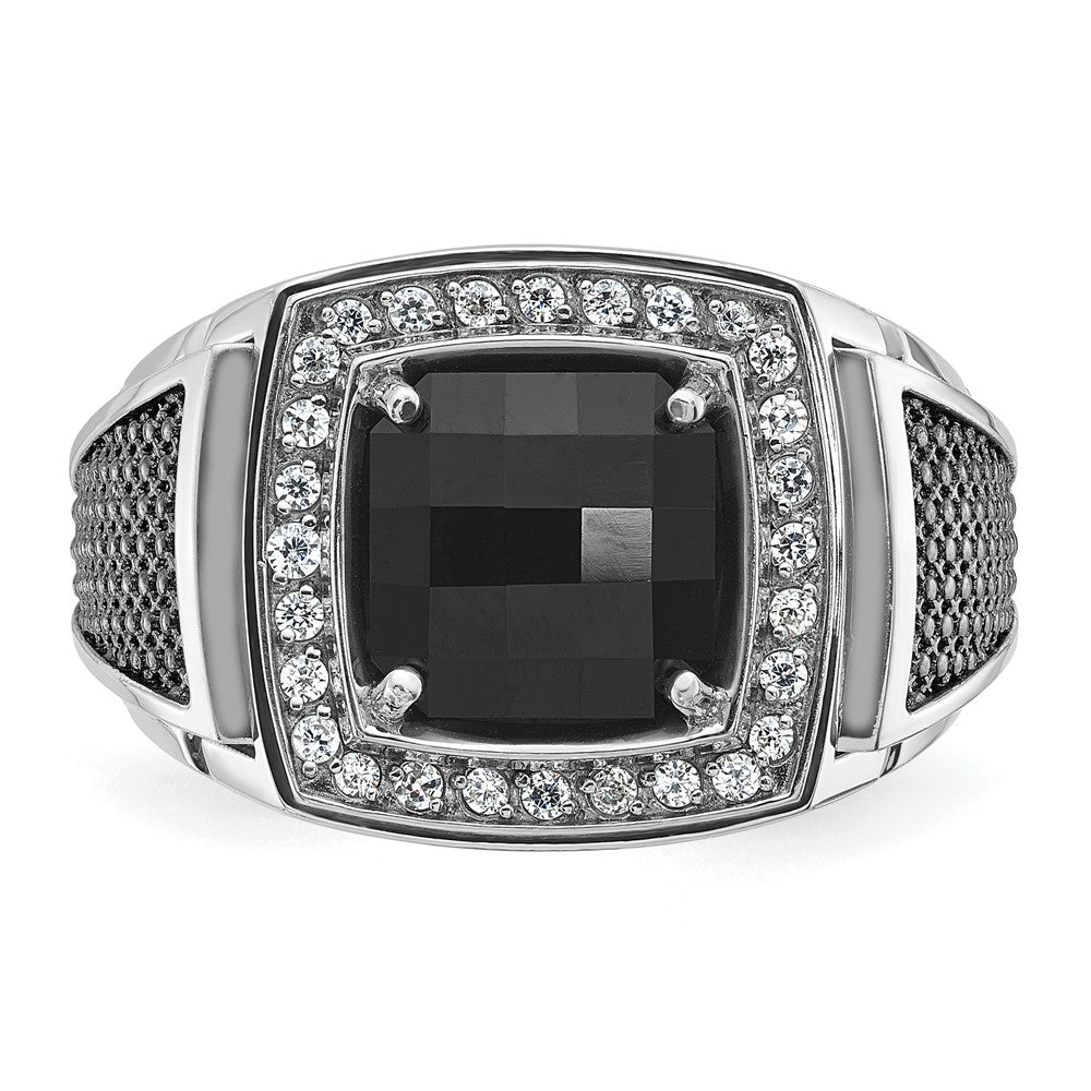IB Goodman 10k White Gold and Black Rhodium Mens Cushion Onyx and Diamond Halo Complete Ring