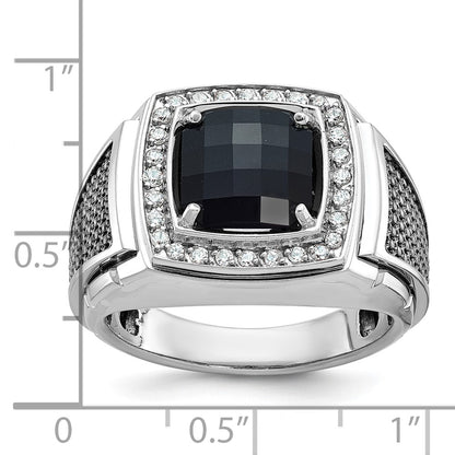 IB Goodman 10k White Gold and Black Rhodium Mens Cushion Onyx and Diamond Halo Complete Ring
