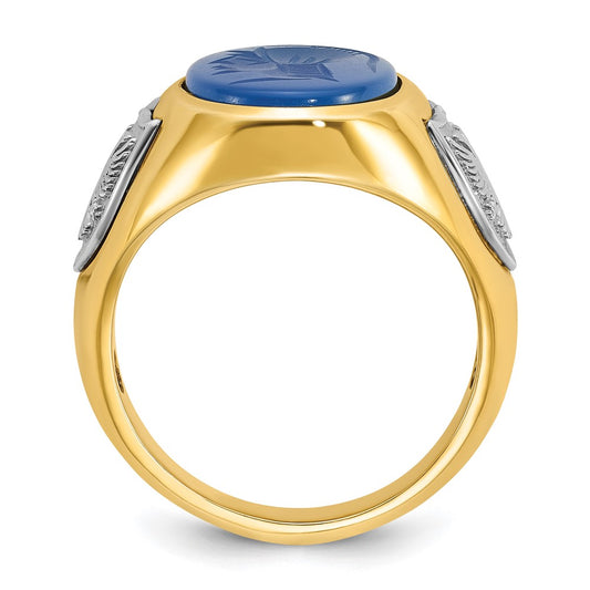 IB Goodman 10k Two-tone Mens Carved Soldier Oval Blue Agate with Eagle Shields Complete Ring