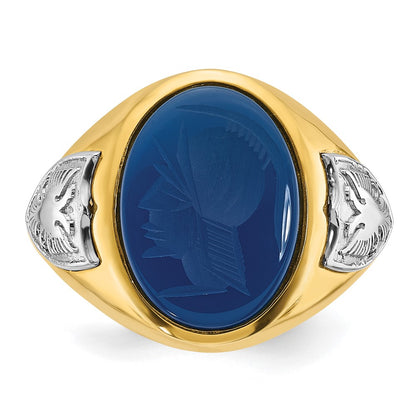 IB Goodman 10k Two-tone Mens Carved Soldier Oval Blue Agate with Eagle Shields Complete Ring