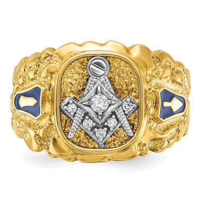 IBGoodman 10k Two-tone Men's Polished and Nugget Textured Diamond Blue Lodge Master Masonic Ring