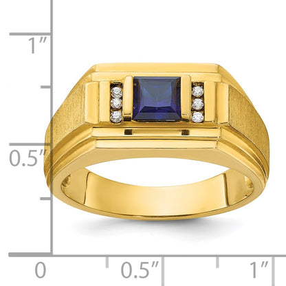 IB Goodman 10k Mens 5mm Square Lab Created Sapphire and 1/20 carat Diamond Satin Complete Ring