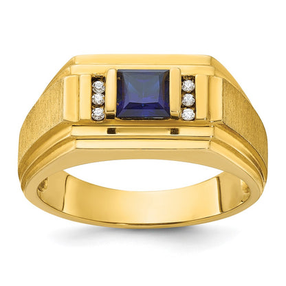 IB Goodman 10k Mens 5mm Square Lab Created Sapphire and 1/20 carat Diamond Satin Complete Ring