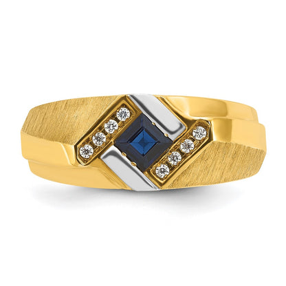 IB Goodman 10k Mens 4mm Square Lab Created Sapphire and 1/15 carat Diamond Satin Complete Ring