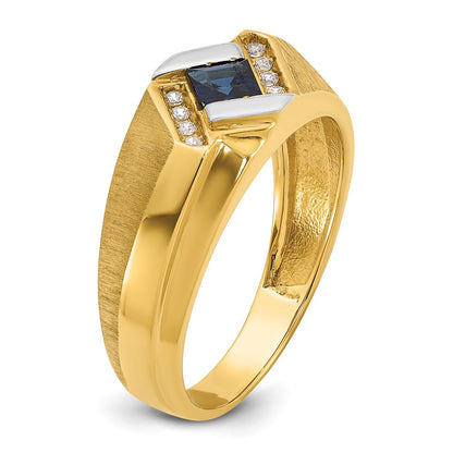IB Goodman 10k Mens 4mm Square Lab Created Sapphire and 1/15 carat Diamond Satin Complete Ring