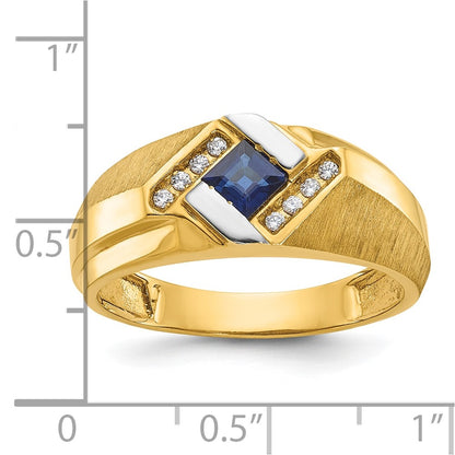 IB Goodman 10k Mens 4mm Square Lab Created Sapphire and 1/15 carat Diamond Satin Complete Ring