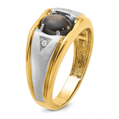IB Goodman 10k Two-tone Mens Polished Satin and Grooved 8x6mm Oval Black Star Sapphire and A Quality Diamond Ring