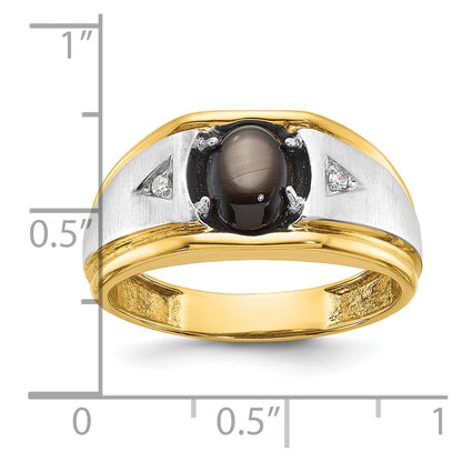 IB Goodman 10k Two-tone Mens Polished Satin and Grooved 8x6mm Oval Black Star Sapphire and A Quality Diamond Ring
