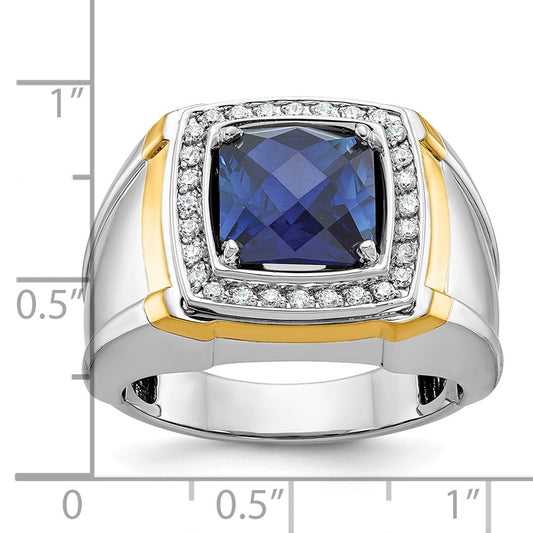 IB Goodman 10k Two-tone Mens Polished 9mm Cushion Lab Created Sapphire and 1/3 carat A Quality Diamond Halo Ring