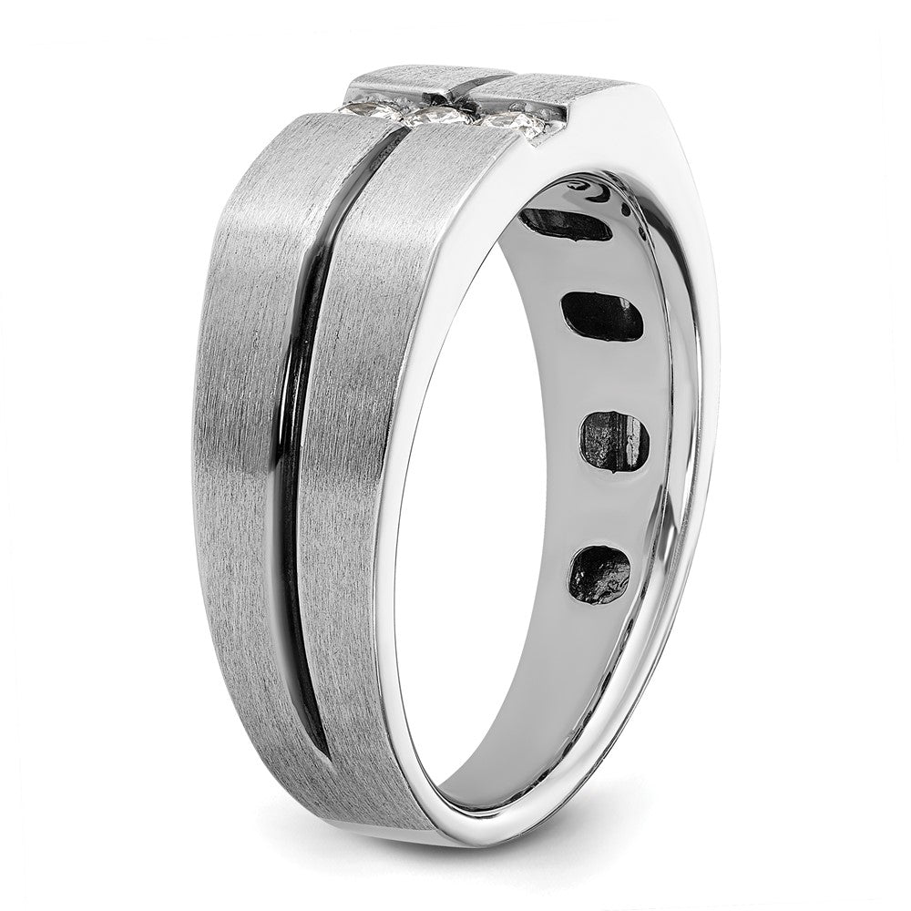 IBGoodman 14k White Gold with Black Rhodium 1/5 carat Lab Grown Diamond VS/SI+ G+ Complete Satin and Grooved Three Stone Men's Ring