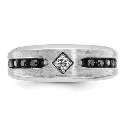 IBGoodman 14k White Gold with Black Rhodium Polished Satin and Grooved 1/2 Carat AA Quality Black and White Diamond Ring