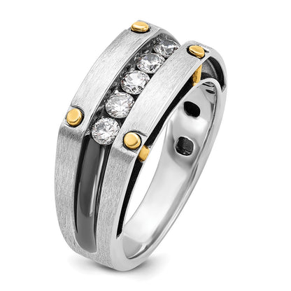 IBGoodman 14k Two-tone with Black Rhodium 1/2 carat Lab Grown Diamond VS/SI+ G+ Five Stone Complete Polished Satin and Grooved Men's Ring