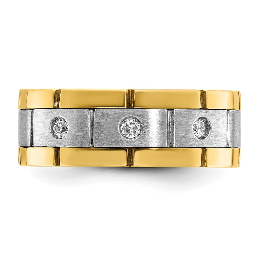 IBGoodman 14k Two-tone Men's Polished Satin and Grooved 3-Stone 1/6 Carat AA Quality Diamond Ring