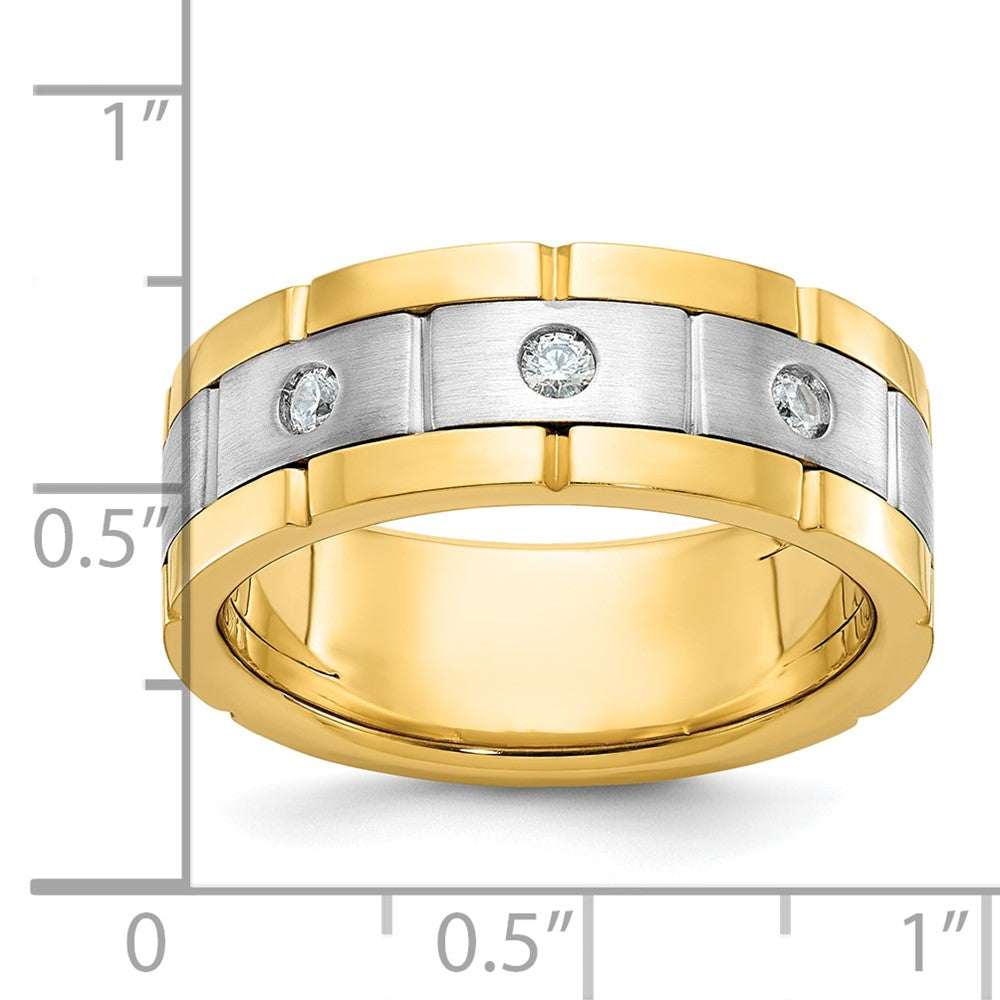 IBGoodman 14k Two-tone Men's Polished Satin and Grooved 3-Stone 1/6 Carat AA Quality Diamond Ring