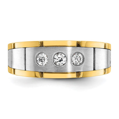 IBGoodman 14k Two-tone Men's Polished Satin and Grooved 3-Stone 1/4 Carat AA Quality Diamond Ring