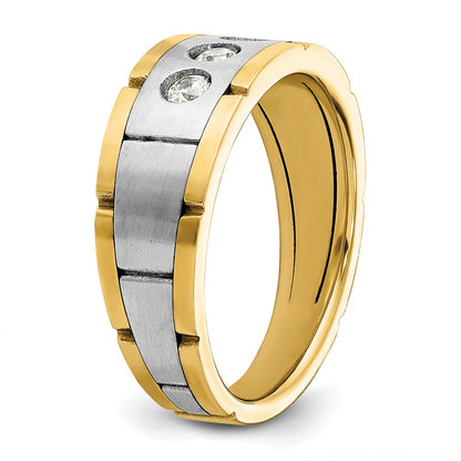 IBGoodman 14k Two-tone Men's Polished Satin and Grooved 3-Stone 1/4 Carat AA Quality Diamond Ring