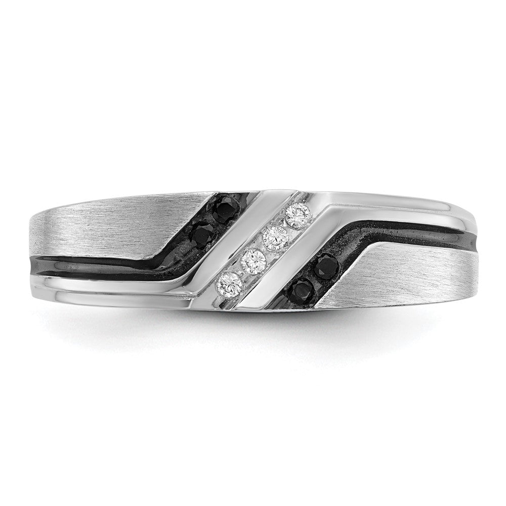 IBGoodman 14k White Gold with Black Rhodium Men's Polished Satin and Grooved 1/8 Carat AA Quality Black and White Diamond Ring