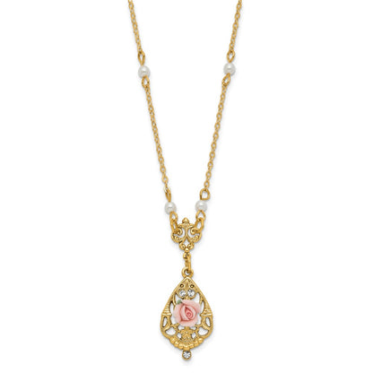 1928 Jewelry Gold-tone Imitation Pearl Pink Porcelain Rose and Clear Crystal Filigree Teardrop 17 inch Necklace