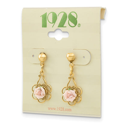 1928 Jewelry Gold-tone Filigree Pink Porcelain Rose Dangle Post Earrings
