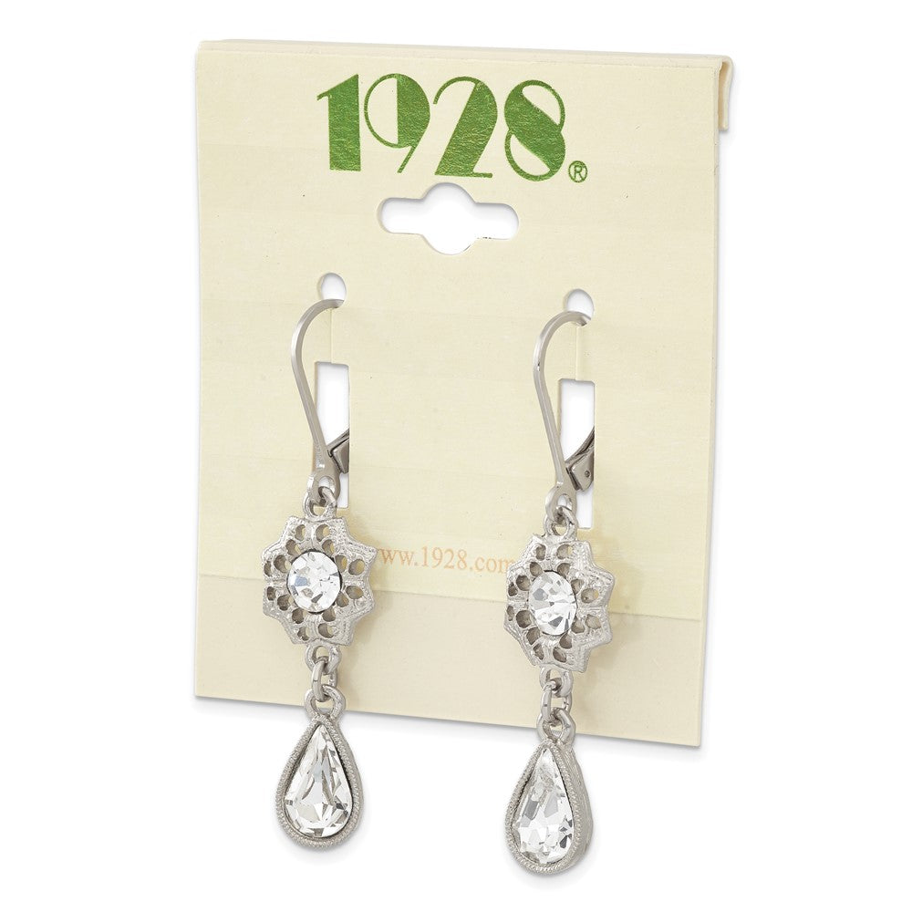 1928 Jewelry Silver-tone Fligree Floral Frame with Clear Crystal Center and Clear Crystal Teardrop Dangle Leverback Earrings