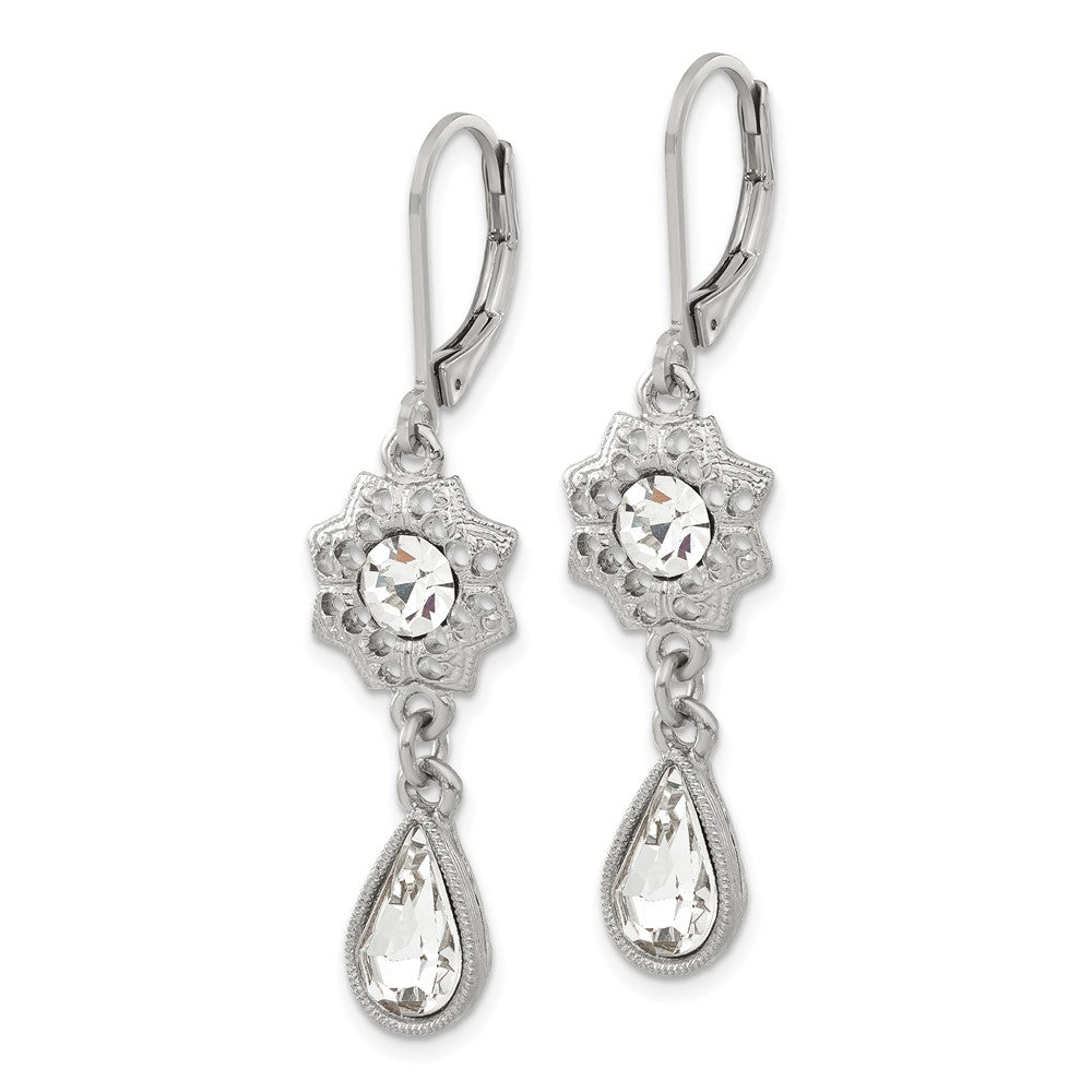 1928 Jewelry Silver-tone Fligree Floral Frame with Clear Crystal Center and Clear Crystal Teardrop Dangle Leverback Earrings