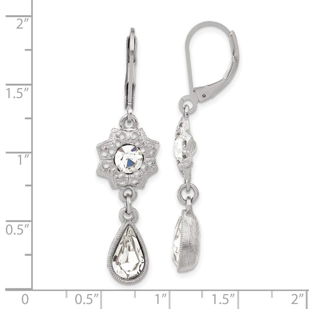 1928 Jewelry Silver-tone Fligree Floral Frame with Clear Crystal Center and Clear Crystal Teardrop Dangle Leverback Earrings