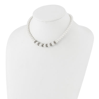 1928 Silver-tone Clear Crystal and Simulated Pearl 15in w/ 3in ext Necklace