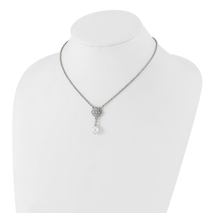 1928 Silver-tone Crystal and Imitation Pearl 16in w/ 3in ext. Necklace