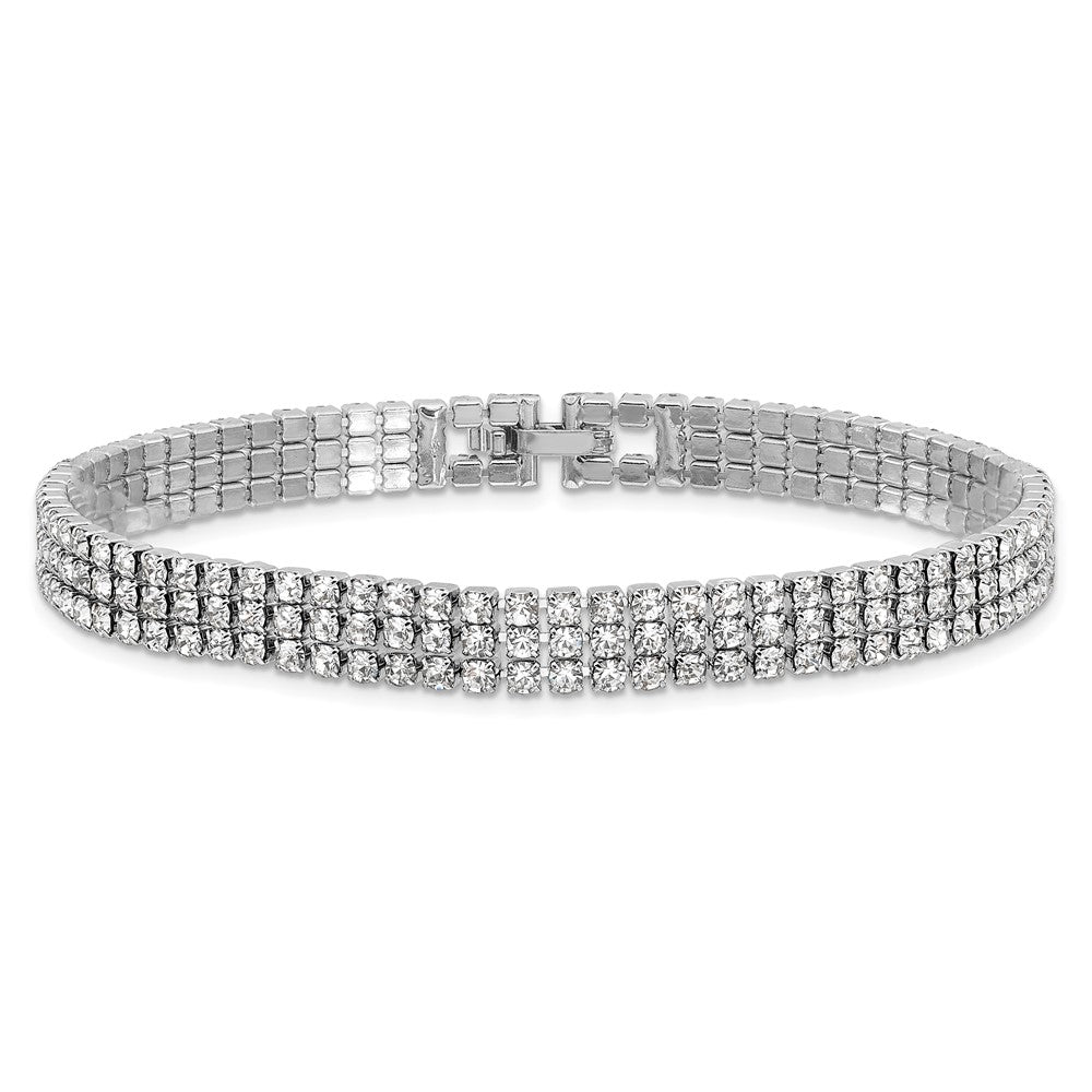 Silver-tone Polished 3-strand Crystal 7in Bracelet