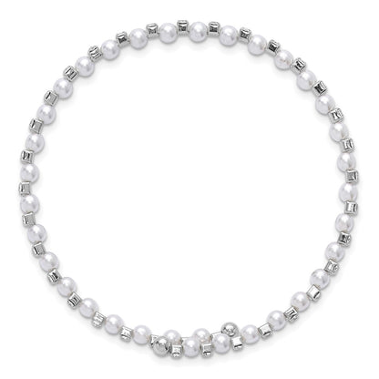 Silver-tone Imitation Acrylic Pearl & Crystal Flexible Bangle