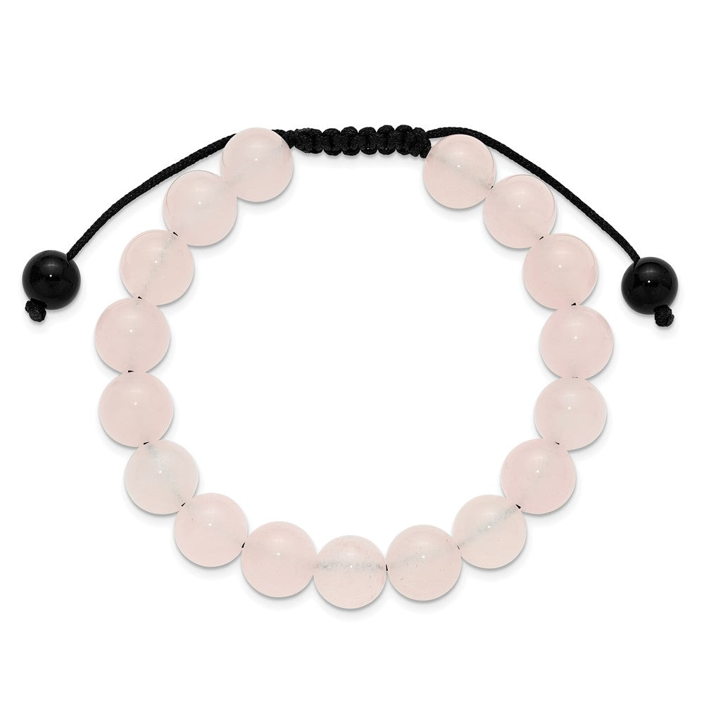 Rose Quartz and Onyx Beads on Black Polyester Cord Adjustable Bolo Bracelet