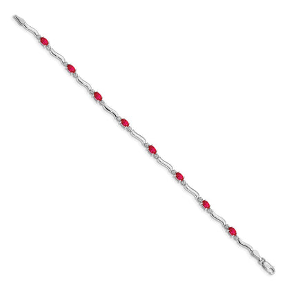 10k White Gold Diamond and Oval Ruby Wavy Link 7 inch Bracelet