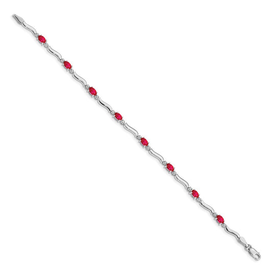 10k White Gold Diamond and Oval Ruby Wavy Link 7 inch Bracelet