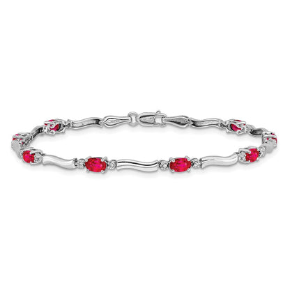 10k White Gold Diamond and Oval Ruby Wavy Link 7 inch Bracelet