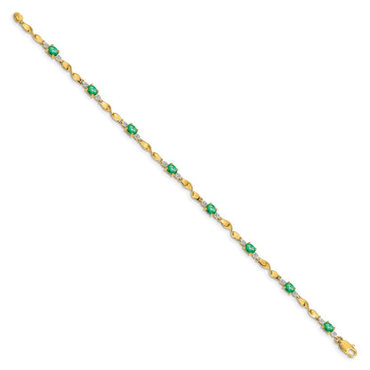 10k Diamond and Oval Emerald Twisted Link 7 inch Bracelet