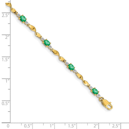 10k Diamond and Oval Emerald Twisted Link 7 inch Bracelet
