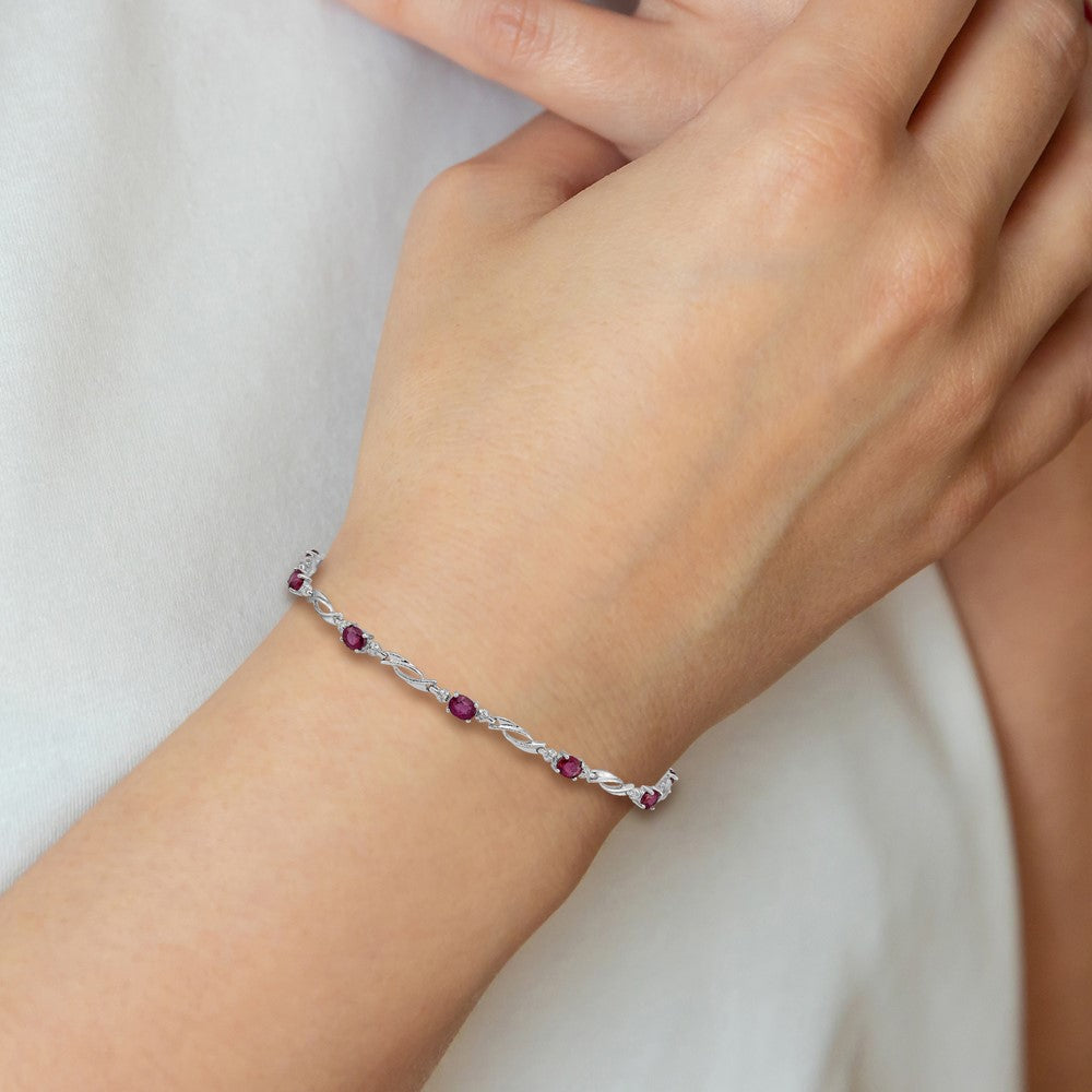 10k White Gold Diamond and Oval Ruby Fancy Link 7.25 inch Bracelet