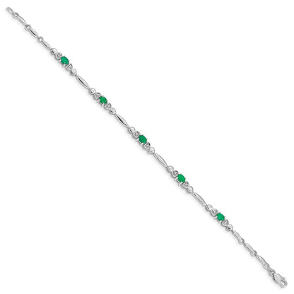 10k White Gold Diamond and Oval Emerald Heart Link 7 inch Bracelet