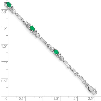 10k White Gold Diamond and Oval Emerald Heart Link 7 inch Bracelet