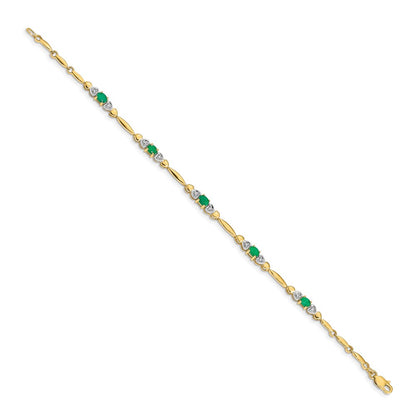 10k Diamond and Oval Emerald Heart Link 7 inch Bracelet