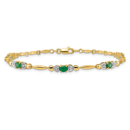 10k Diamond and Oval Emerald Heart Link 7 inch Bracelet