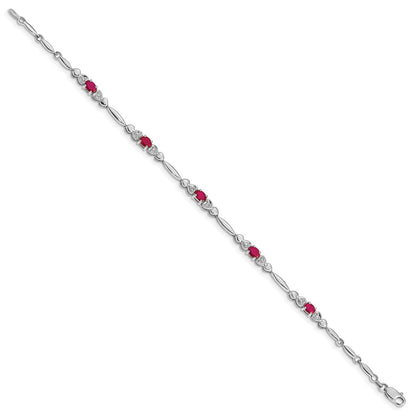 10k White Gold Diamond and Oval Ruby Heart Link 7 inch Bracelet