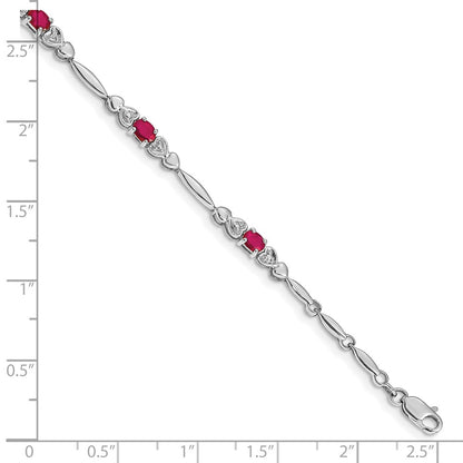 10k White Gold Diamond and Oval Ruby Heart Link 7 inch Bracelet