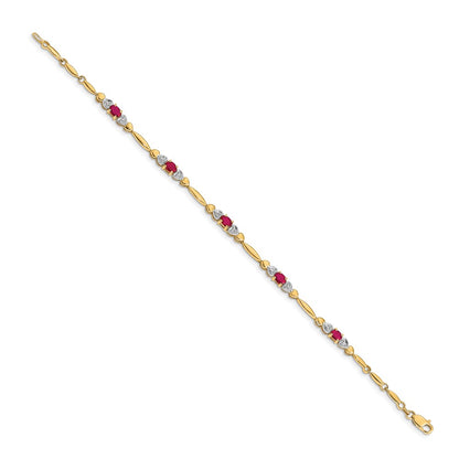 10k Diamond and Oval Ruby Heart Link 7 inch Bracelet