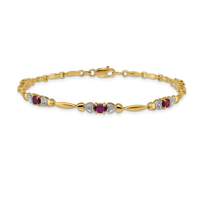 10k Diamond and Oval Ruby Heart Link 7 inch Bracelet