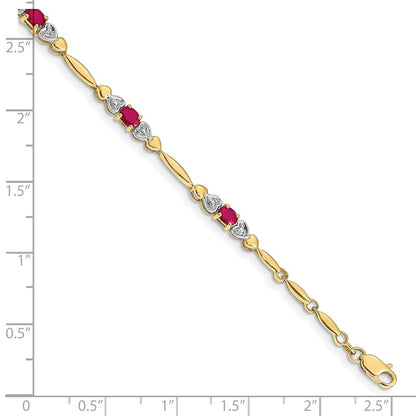10k Diamond and Oval Ruby Heart Link 7 inch Bracelet